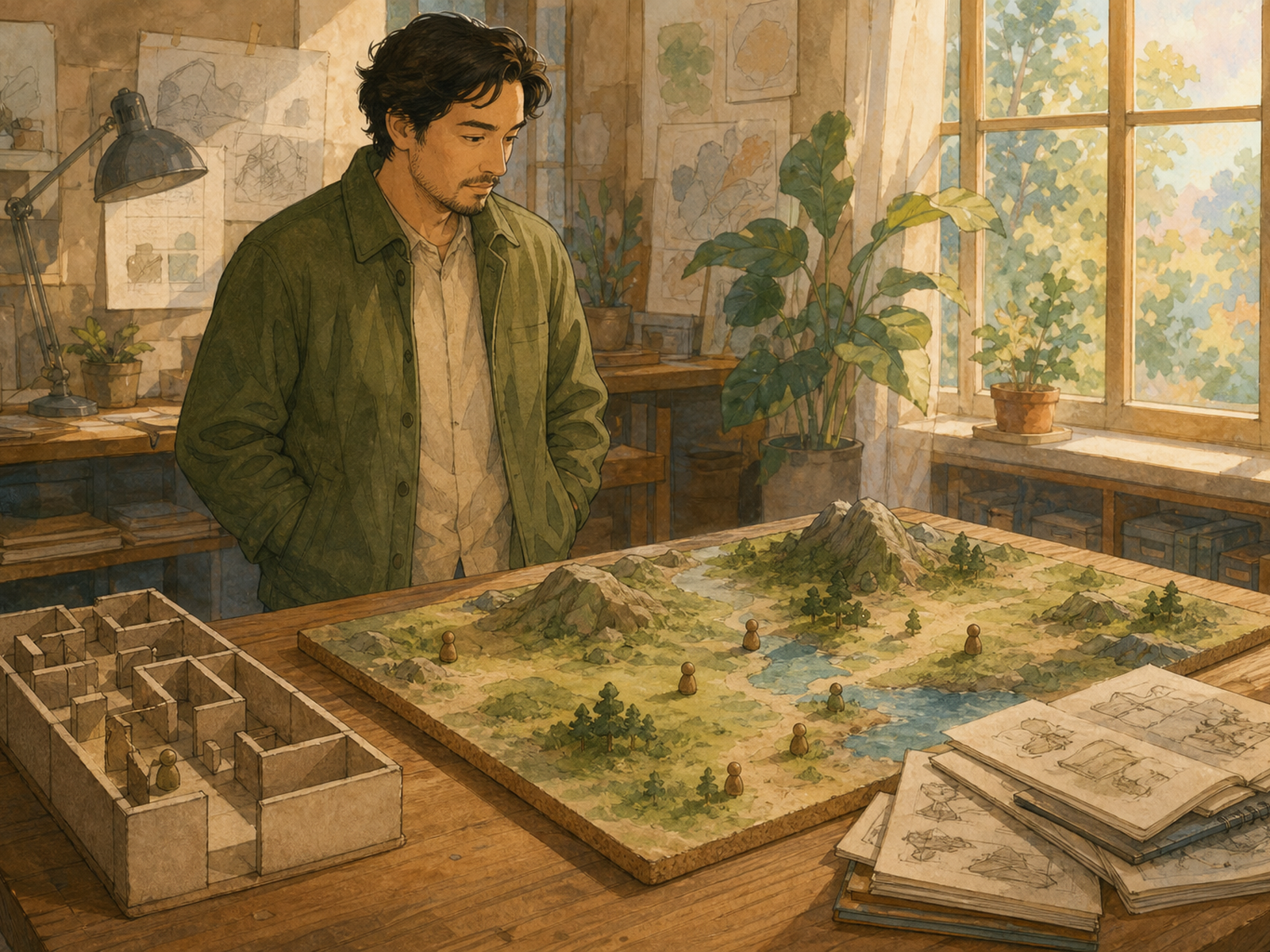 An adult man in a moss-green jacket stands beside a sunlit workshop table comparing a narrow cardboard maze corridor model to an open cork landscape board with unmarked tokens and stacked unmarked design notebooks; hands in jacket pockets.