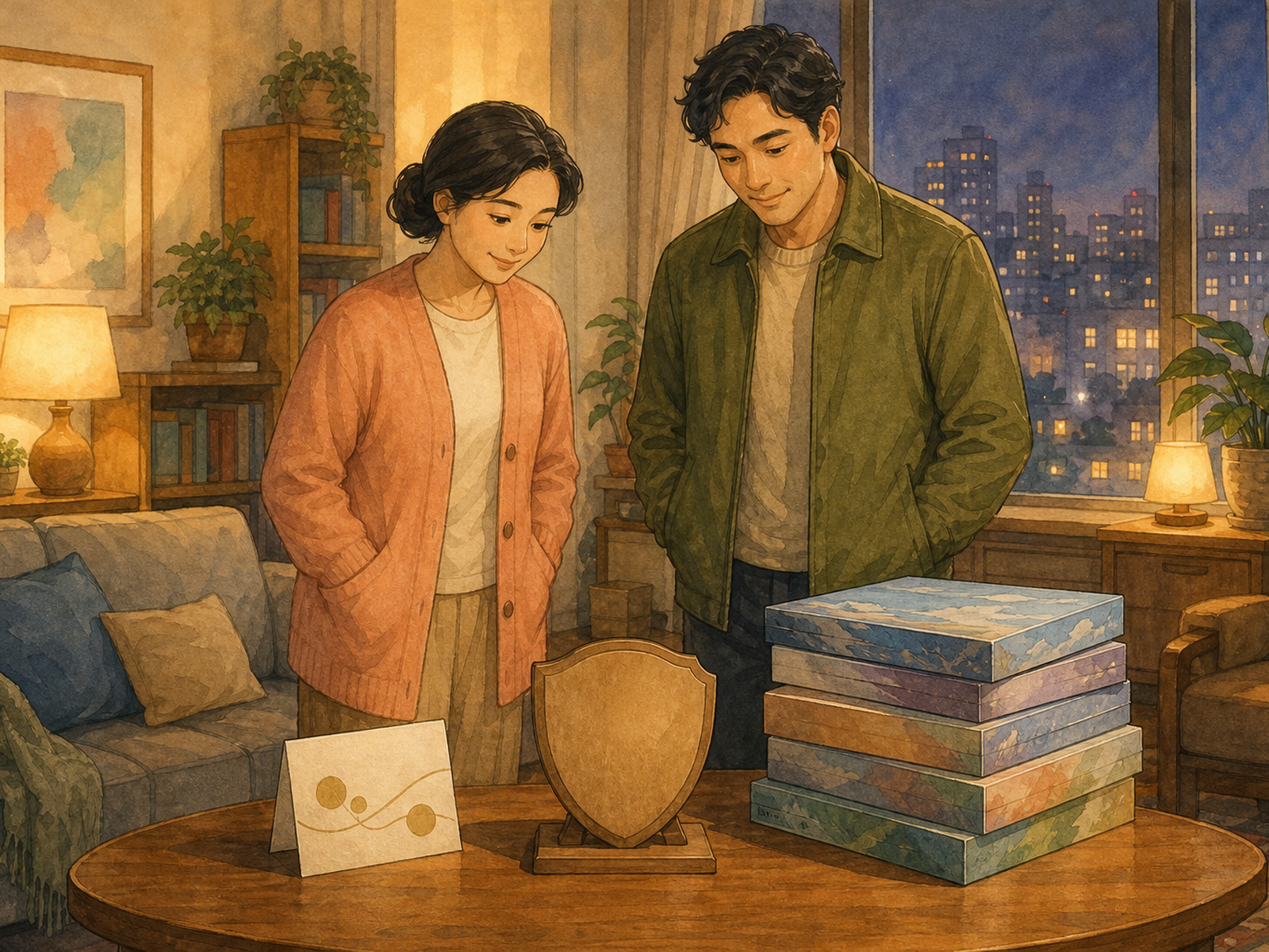 An adult woman in a peach cardigan and an adult man in a moss-green jacket stand in a cozy evening living room looking at an unmarked invitation card with abstract gold shapes, a blank wooden award plaque, and a tidy stack of plain game boxes with soft watercolor covers; all hands in pockets.