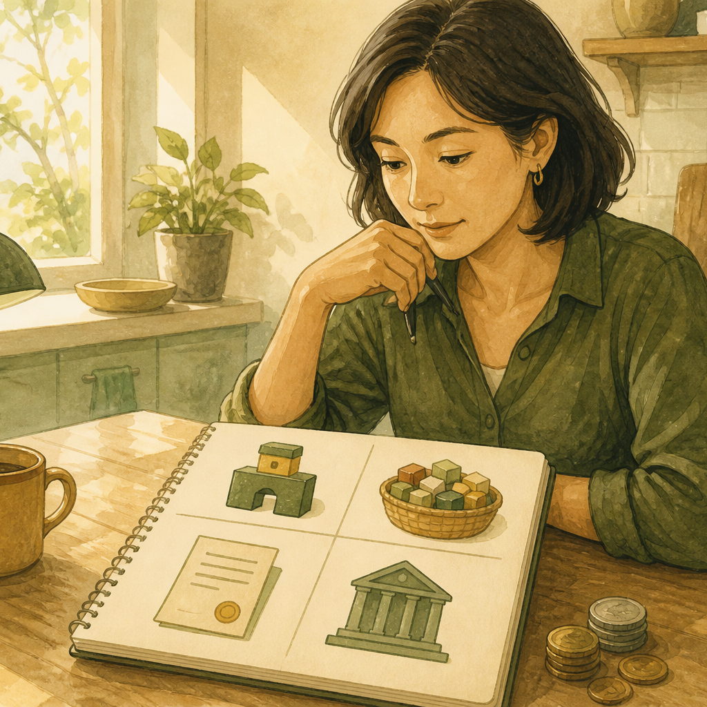 An adult at a sunlit table studies a notebook comparing a company, a mixed basket of investments, a loan paper, and a government building.