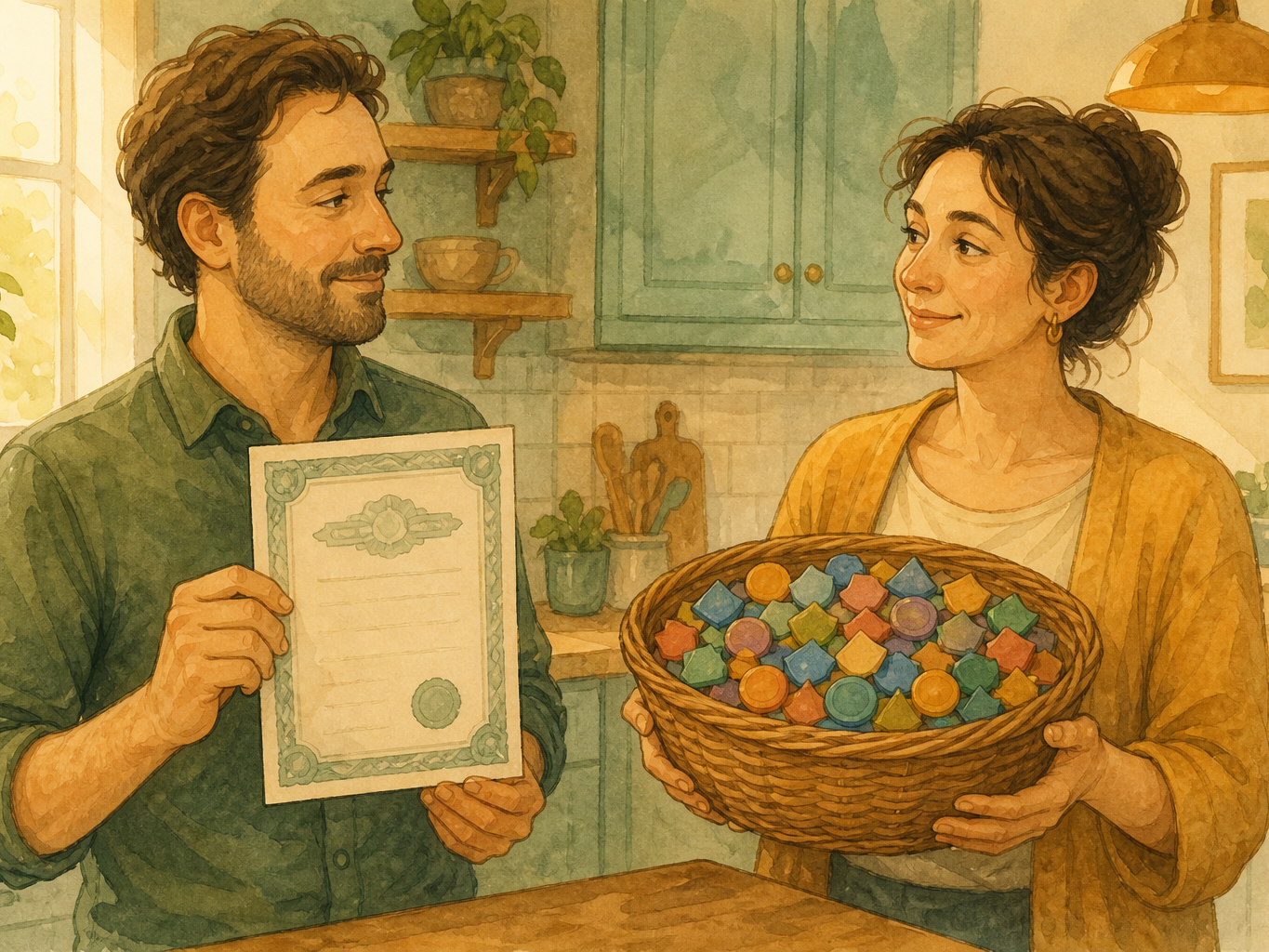 Two adults compare one company share certificate with a basket of many small holdings that stand for an ETF portfolio.