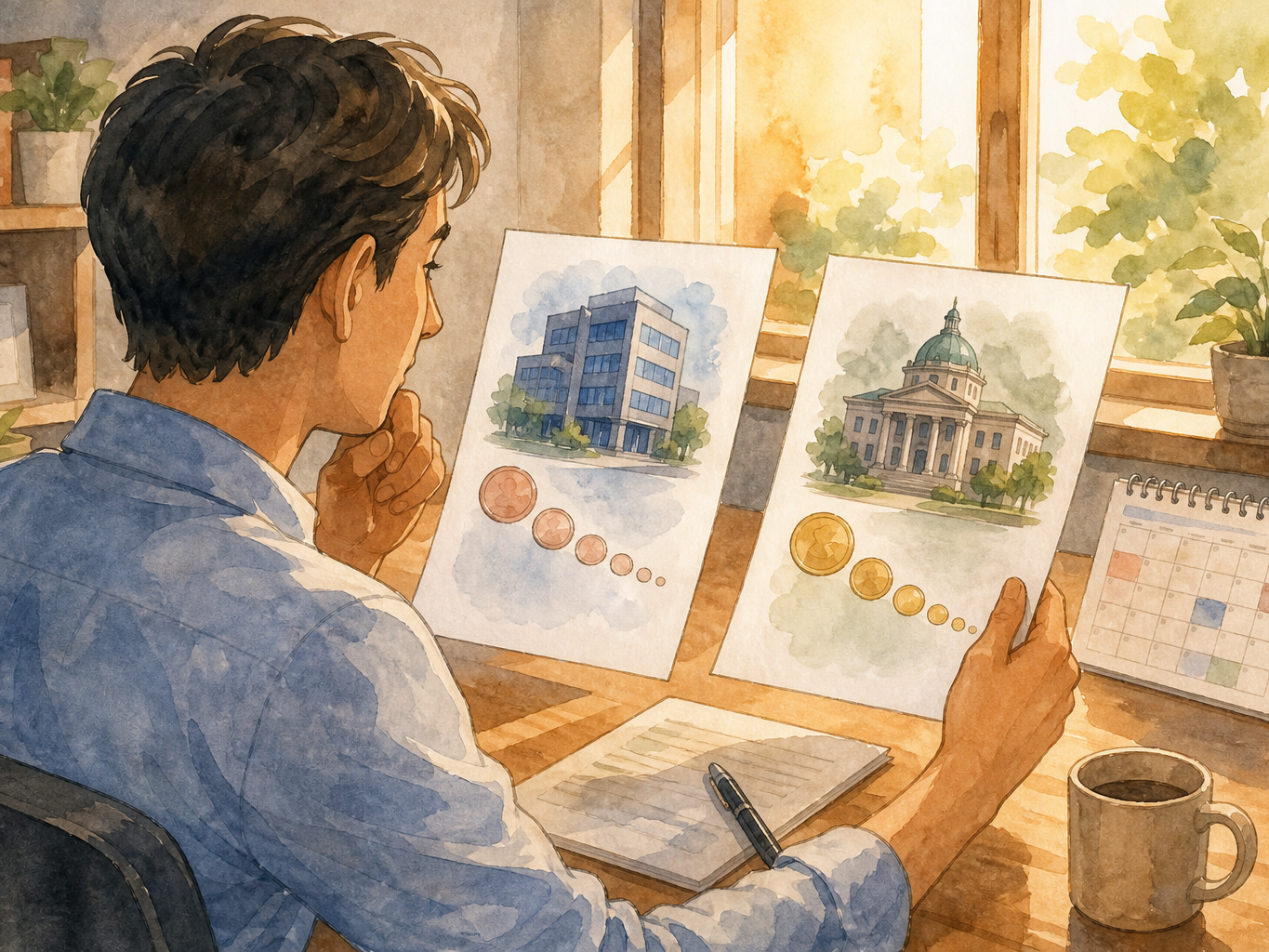 An adult compares a company loan paper with a government debt paper beside a calendar and coin trail.