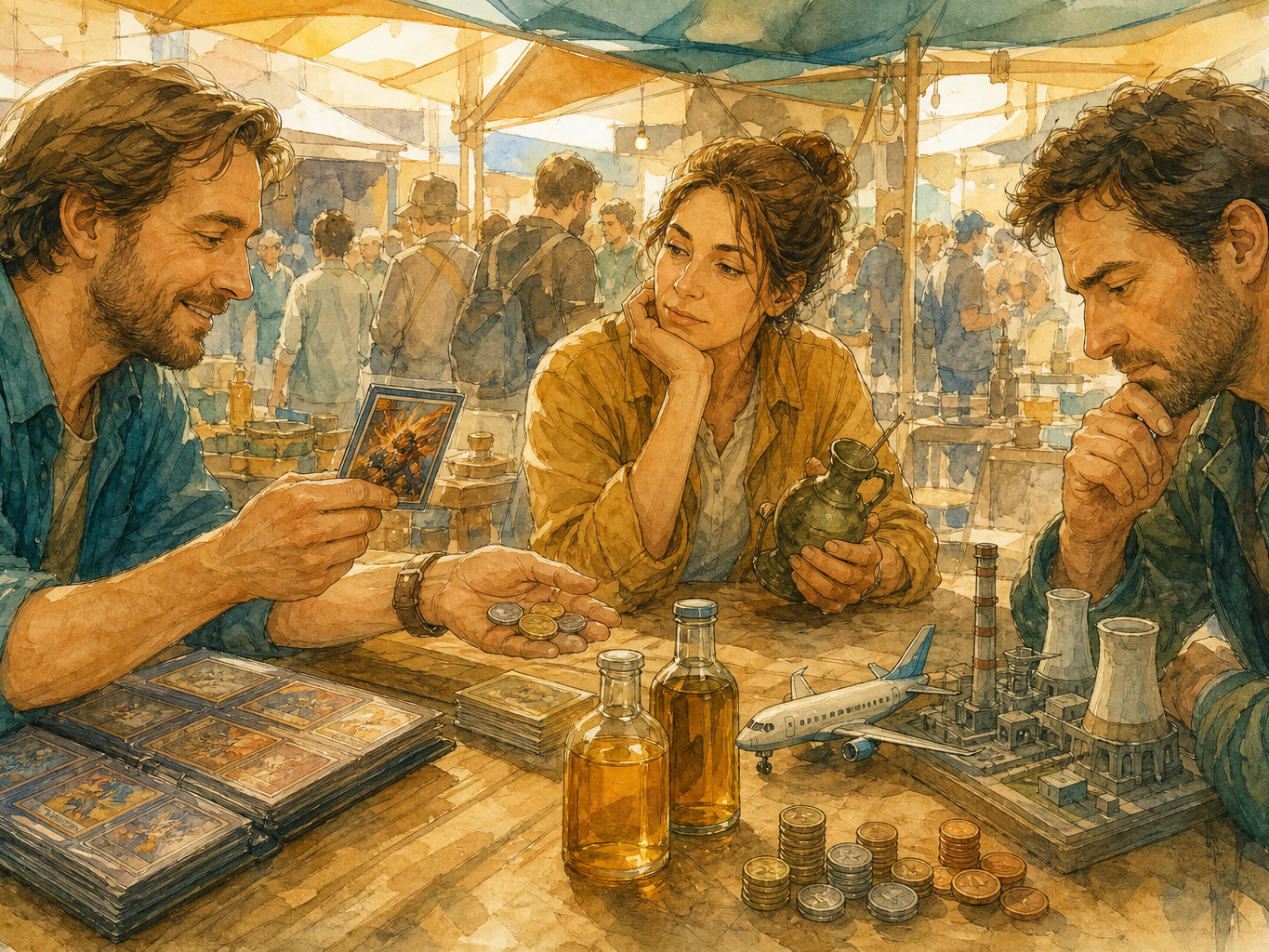 Adults at a market table weigh easy-to-sell investments against hard-to-sell ones while fuel and currency affect an airplane and a power plant model.