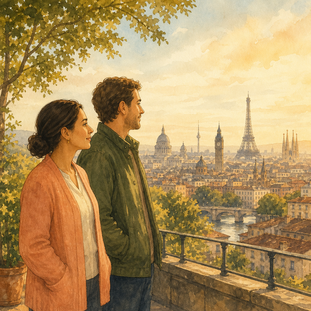 Two friends stand on a balcony overlooking a warm European city skyline with river and landmarks.