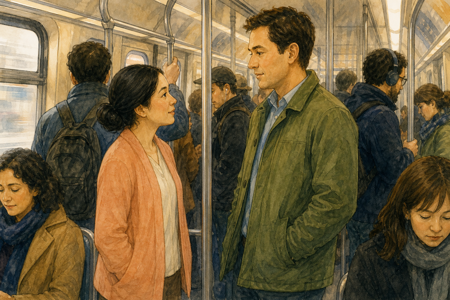 Commuters stand in a crowded subway car; two friends talk quietly while one holds a pole.