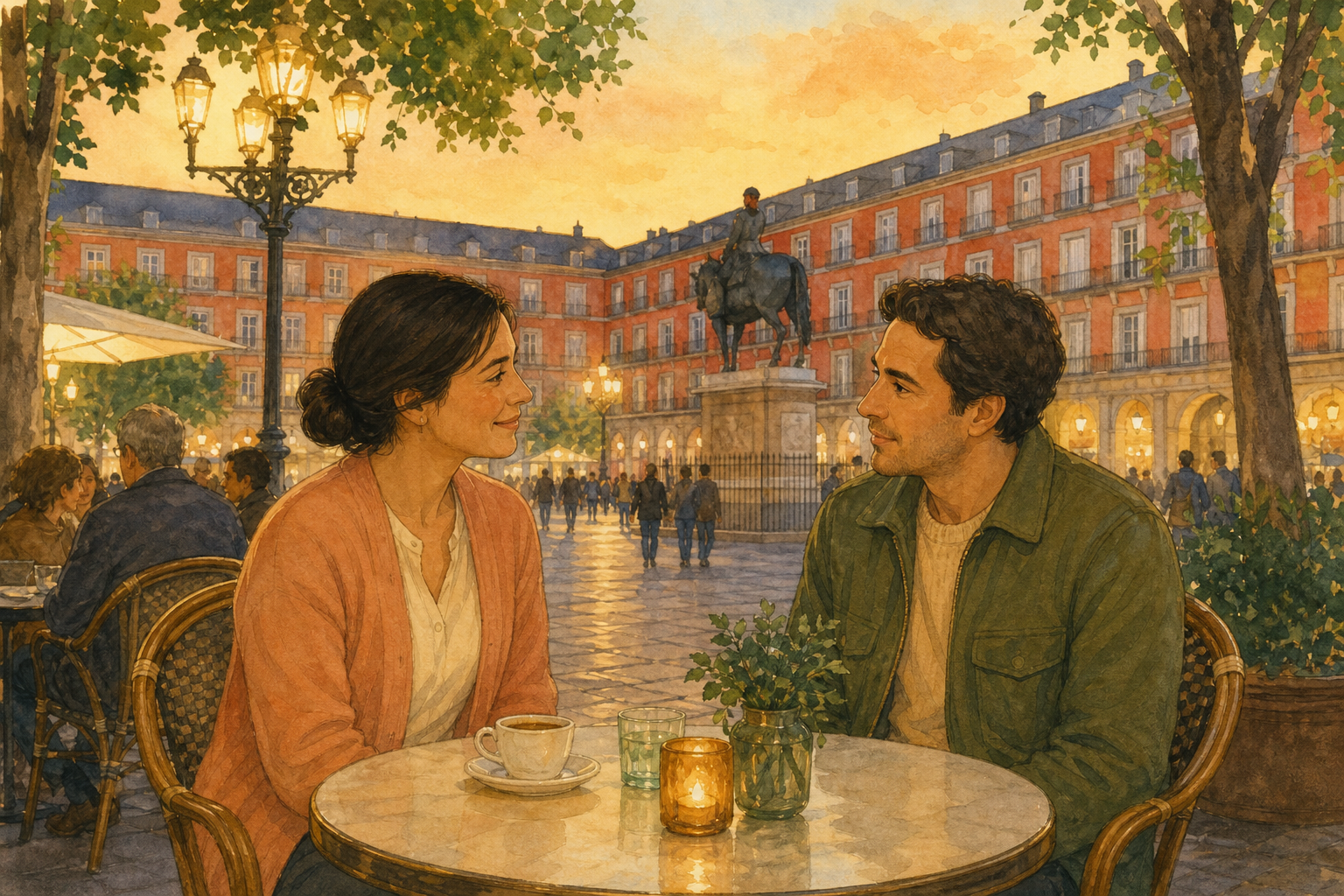 Two friends sit at an outdoor cafe table in a Madrid plaza at dusk, talking and smiling.