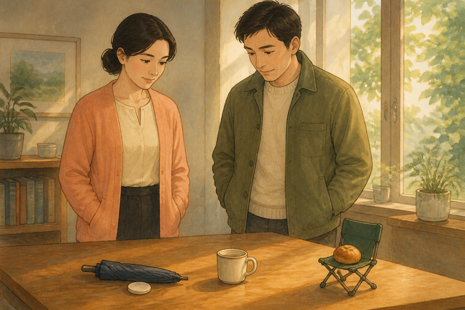 Two friends look at everyday objects on a table by a sunny window, comparing talk topics by place.