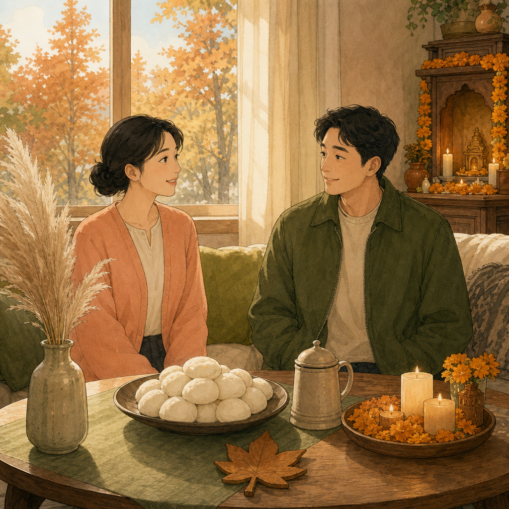 Two adults sit at a sunlit autumn table with round rice dumplings, pampas grass, a maple leaf, candles, and marigold petals near a window of orange trees, calmly talking about autumn traditions.