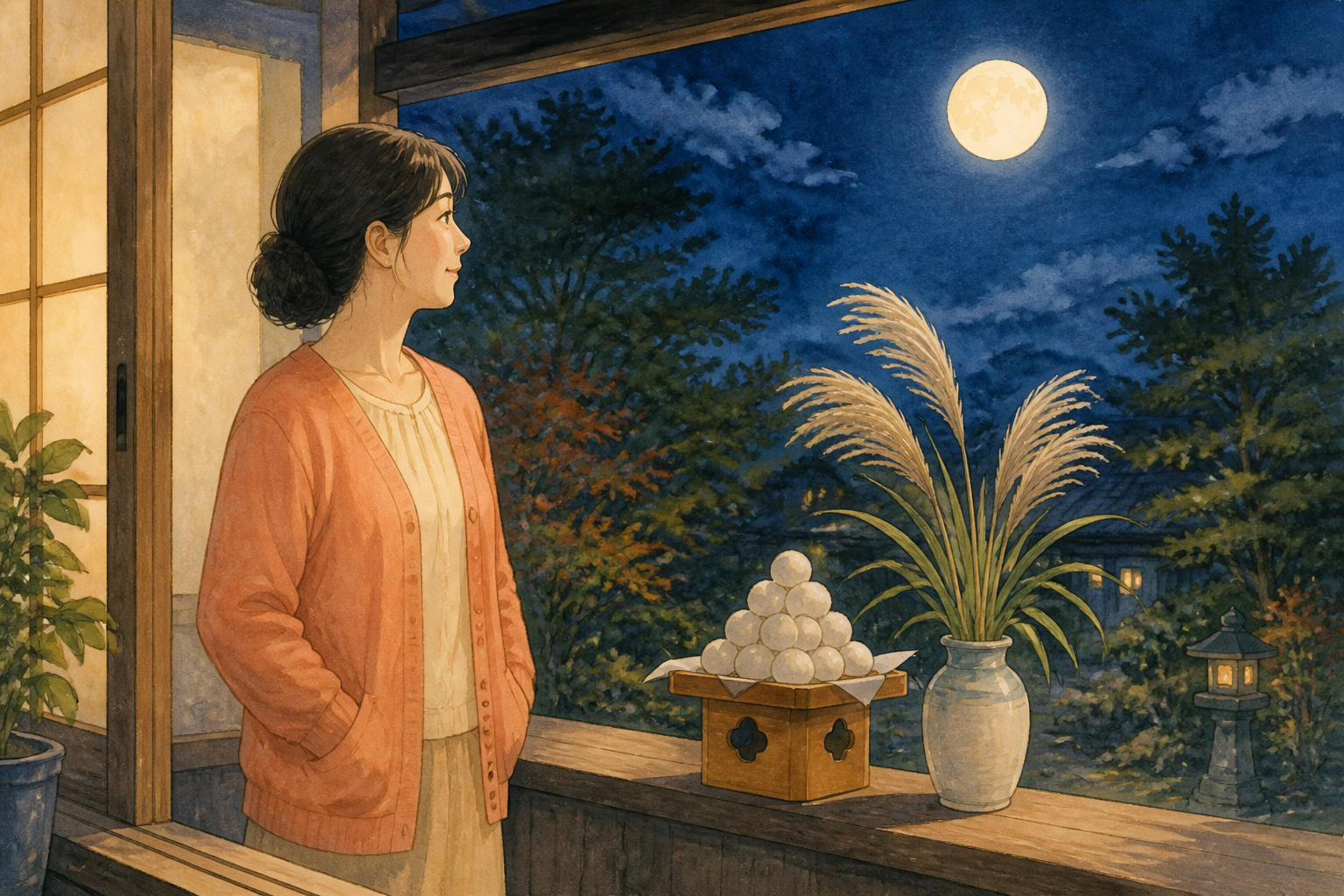An adult woman in a peach cardigan stands on a wooden veranda at night looking at a bright full moon, with a pyramid of white rice dumplings and a vase of silver pampas grass on the railing; hands in pockets.