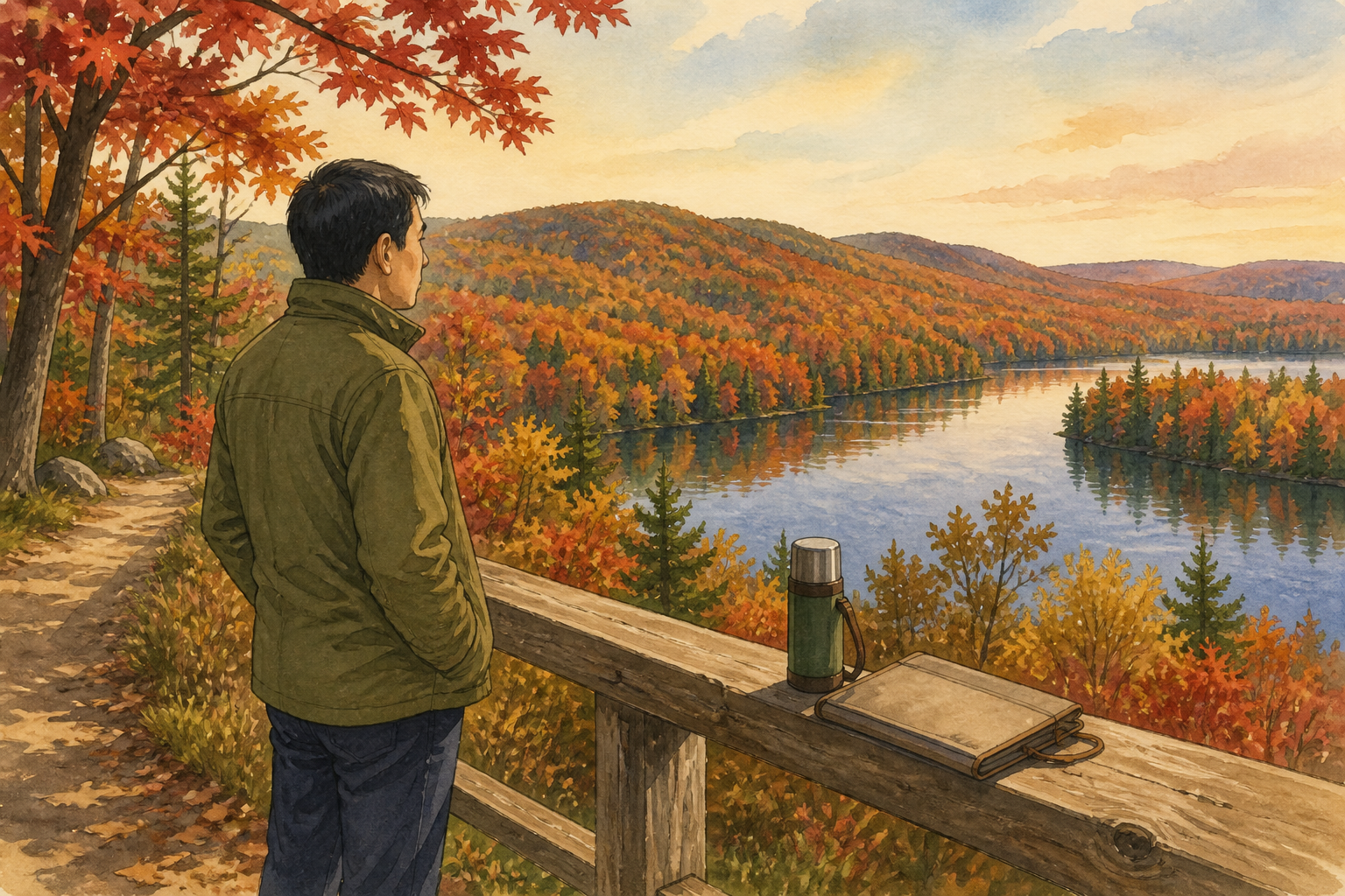 An adult man in a moss-green jacket stands at a wooden park overlook above a lake surrounded by red and orange maple hills, with a thermos on the rail; hands in pockets.