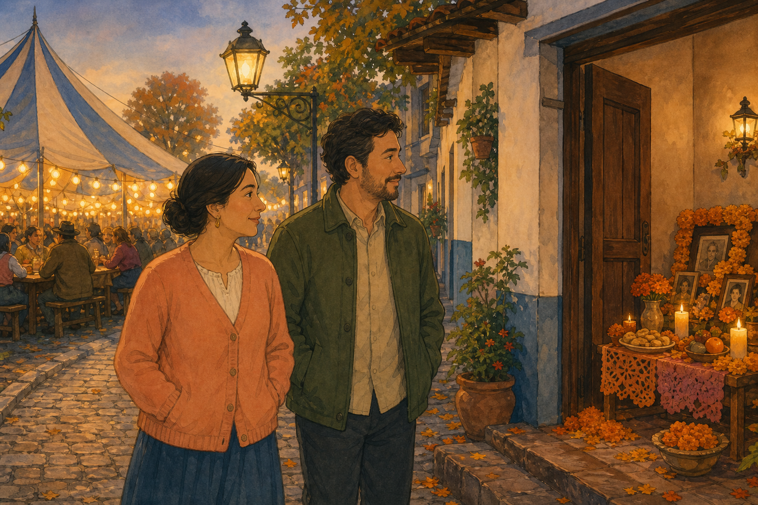 An adult woman in a peach cardigan and an adult man in a moss-green jacket walk a cobblestone street from warm festival tent lights toward a home doorway ofrenda with candles and marigold petals; all hands in pockets.