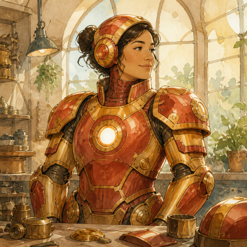 An original adult inventor in warm red-gold powered armor stands calmly in a sunlit workshop; rounded storybook helmet and copper-gold plates, character study, no city skyline.