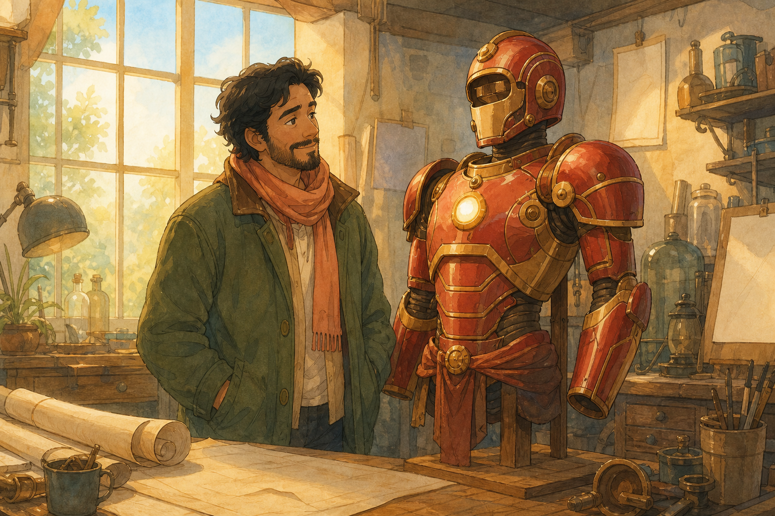 A workshop scene where an adult inventor in a moss-green jacket stands beside an original red-gold armor suit on a wooden stand under warm afternoon window light.