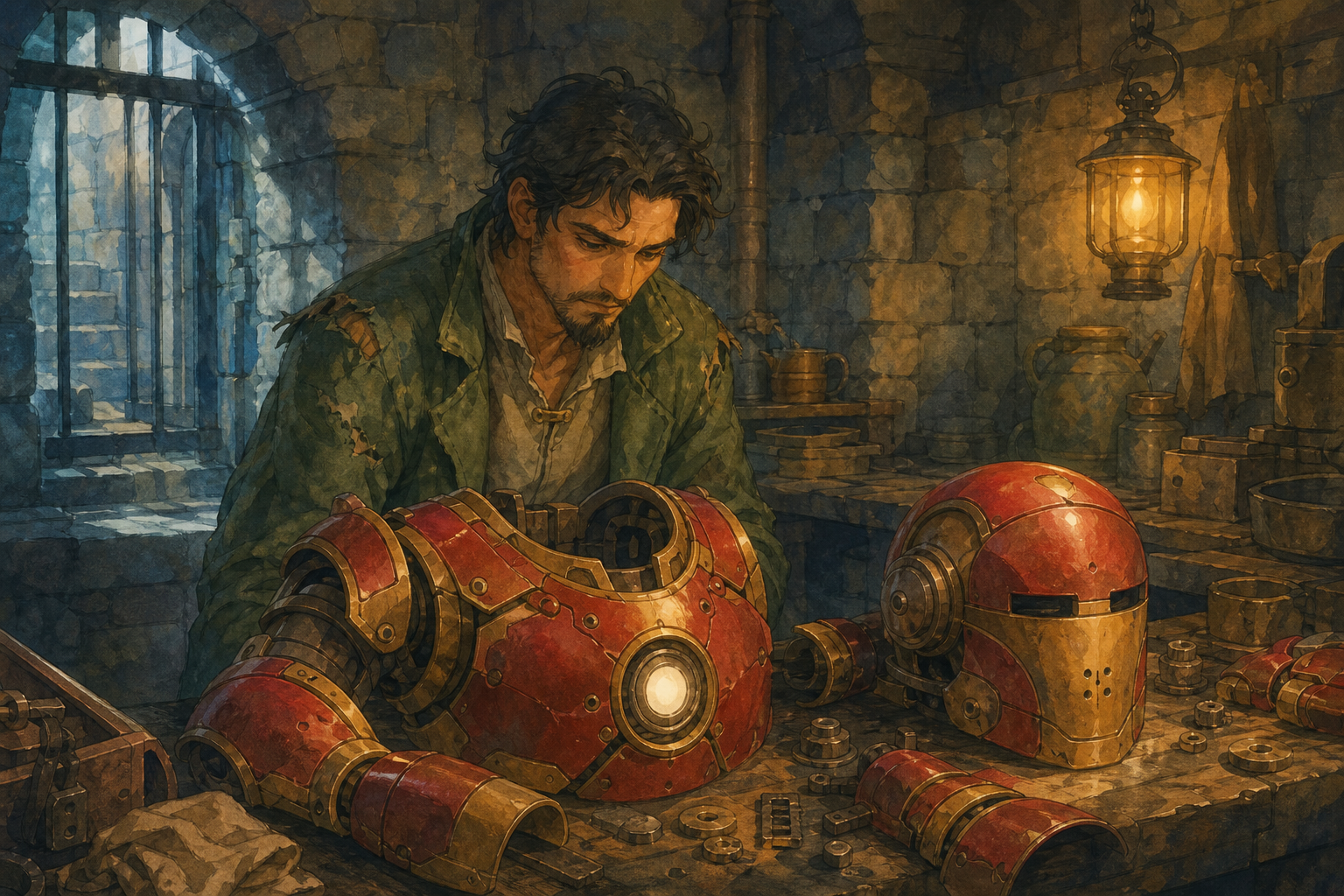 A dim stone workshop cell where an adult inventor assembles original red-gold armor pieces from scrap metal under lantern light.