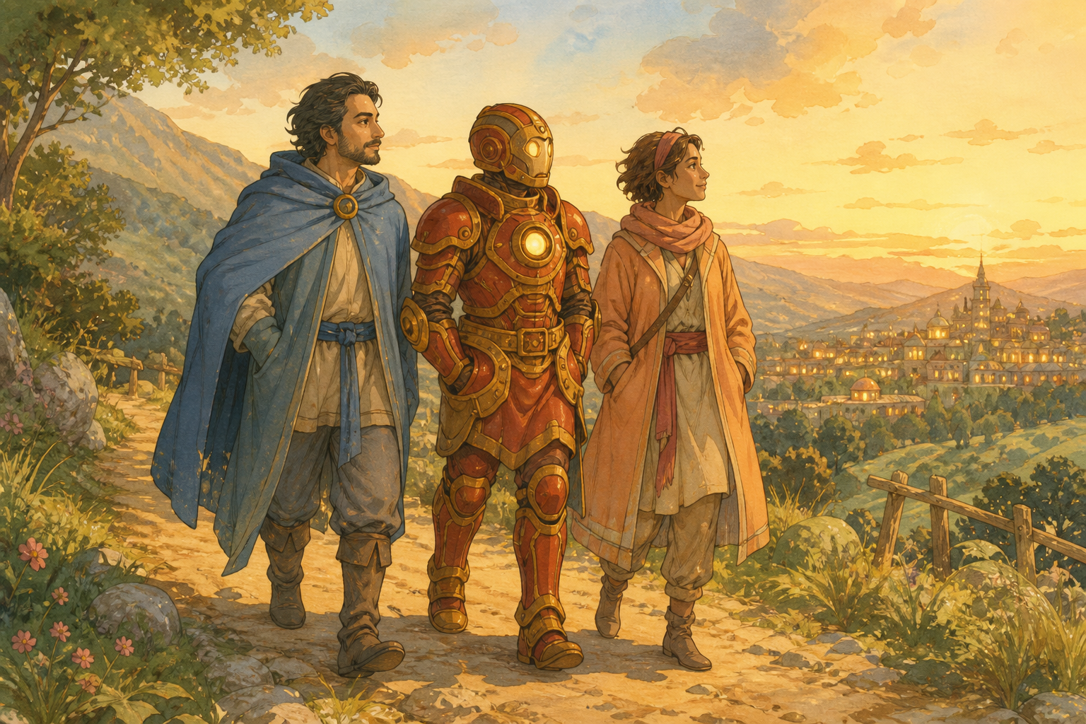 An original red-gold armored inventor walks a hillside path at evening with two other original adult heroes toward distant town lights.