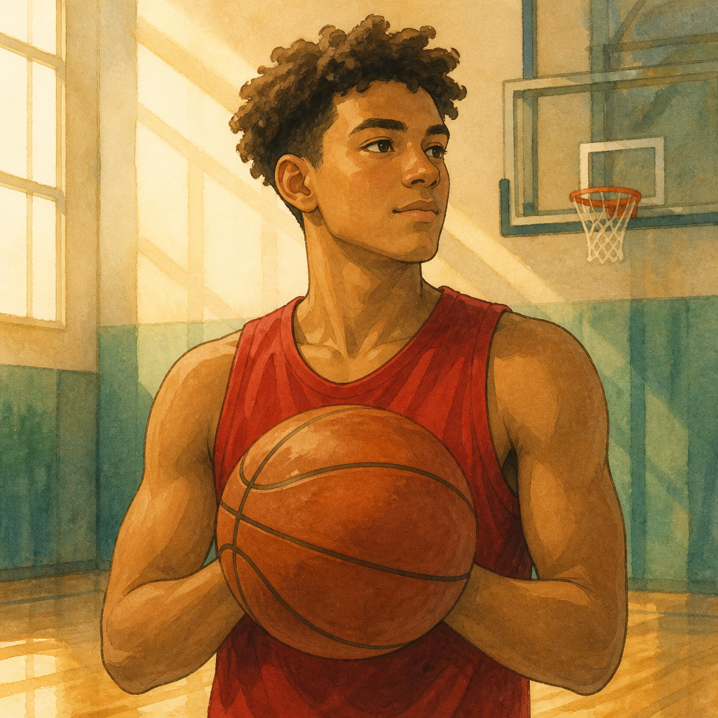 An original young adult basketball player in a plain deep-red practice jersey stands calmly on a sunlit indoor court near a plain hoop, holding a basketball.