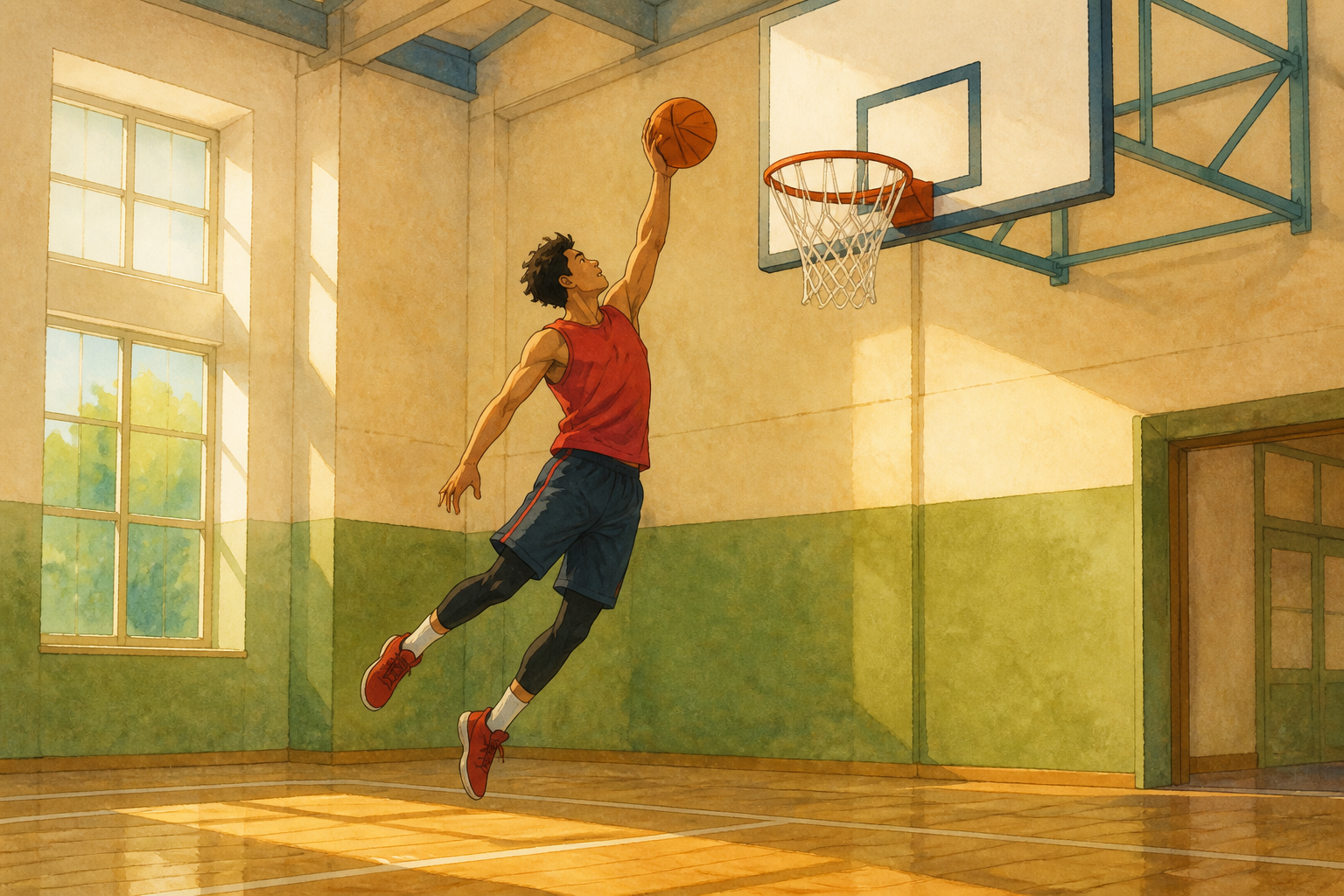 An original young adult in a plain deep-red practice jersey rises toward a plain hoop in a scoring leap on a bright indoor court.