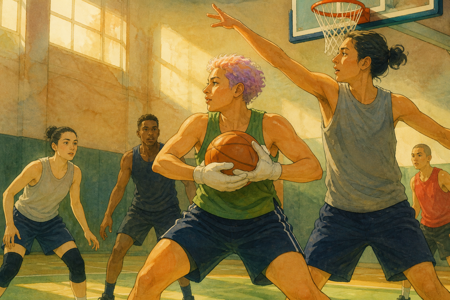 An original athletic adult with soft colorful hair grabs a rebound under a plain hoop while another player reaches nearby.