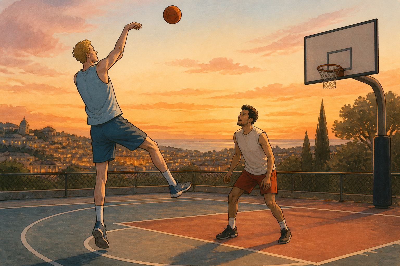 A very tall original adult in a plain sky-blue practice jersey takes a one-legged fadeaway shot on an evening outdoor court.