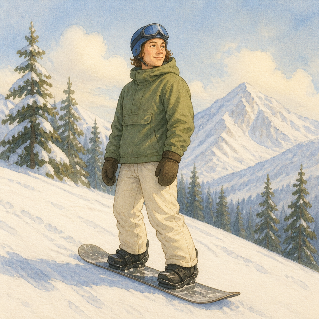 An adult rider stands sideways on one snowboard on a snowy slope.