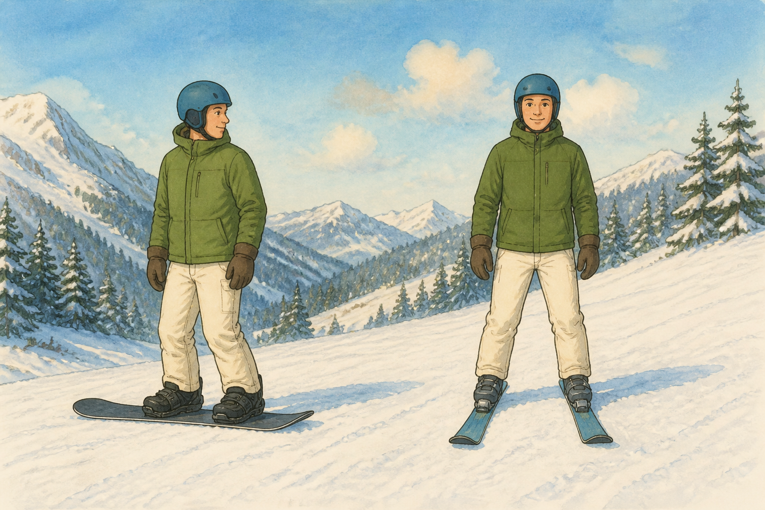 A snowboarder stands sideways on one board beside a skier who faces forward on two skis.