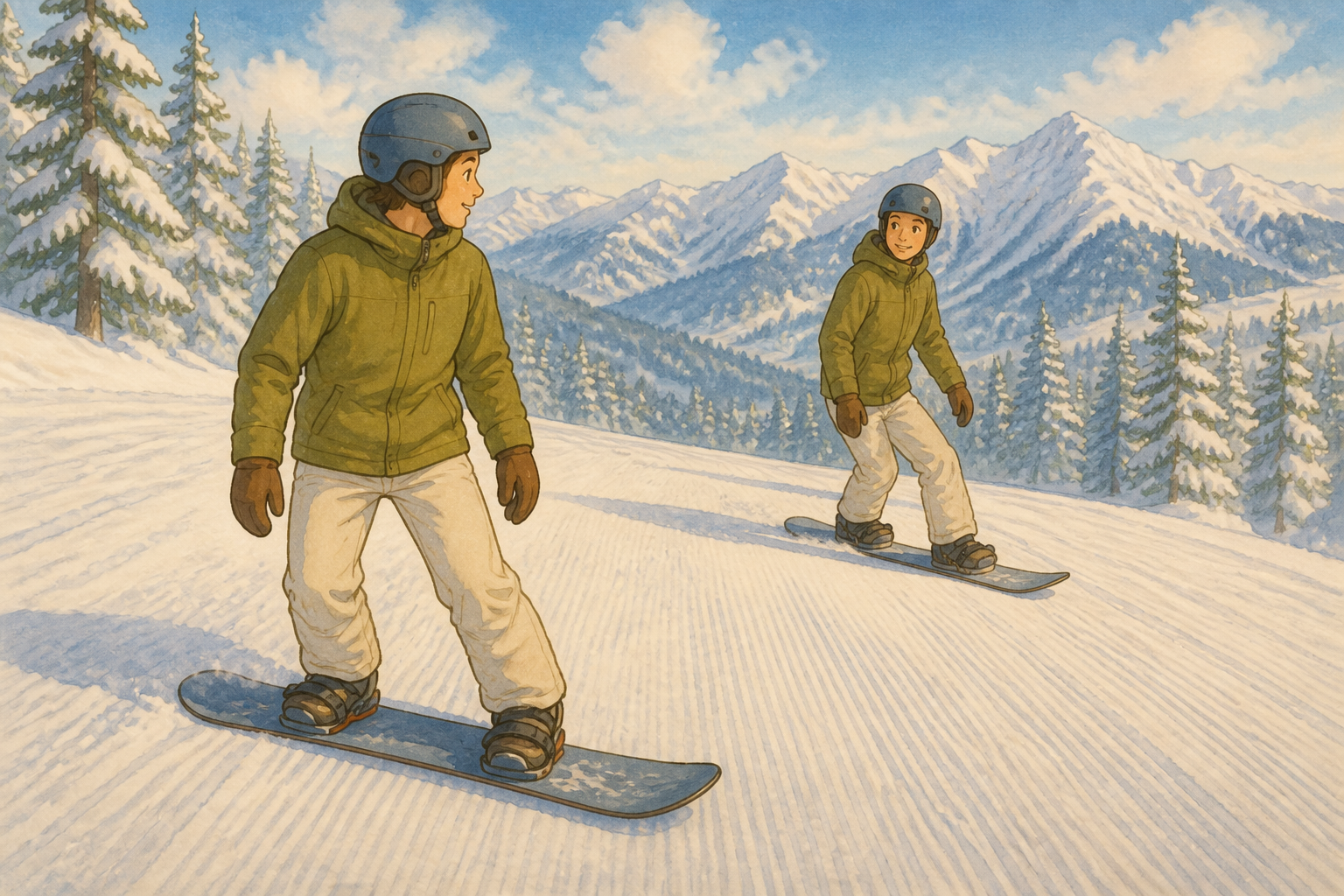Two snowboarders on one slope, one with the left foot first and one with the right foot first.