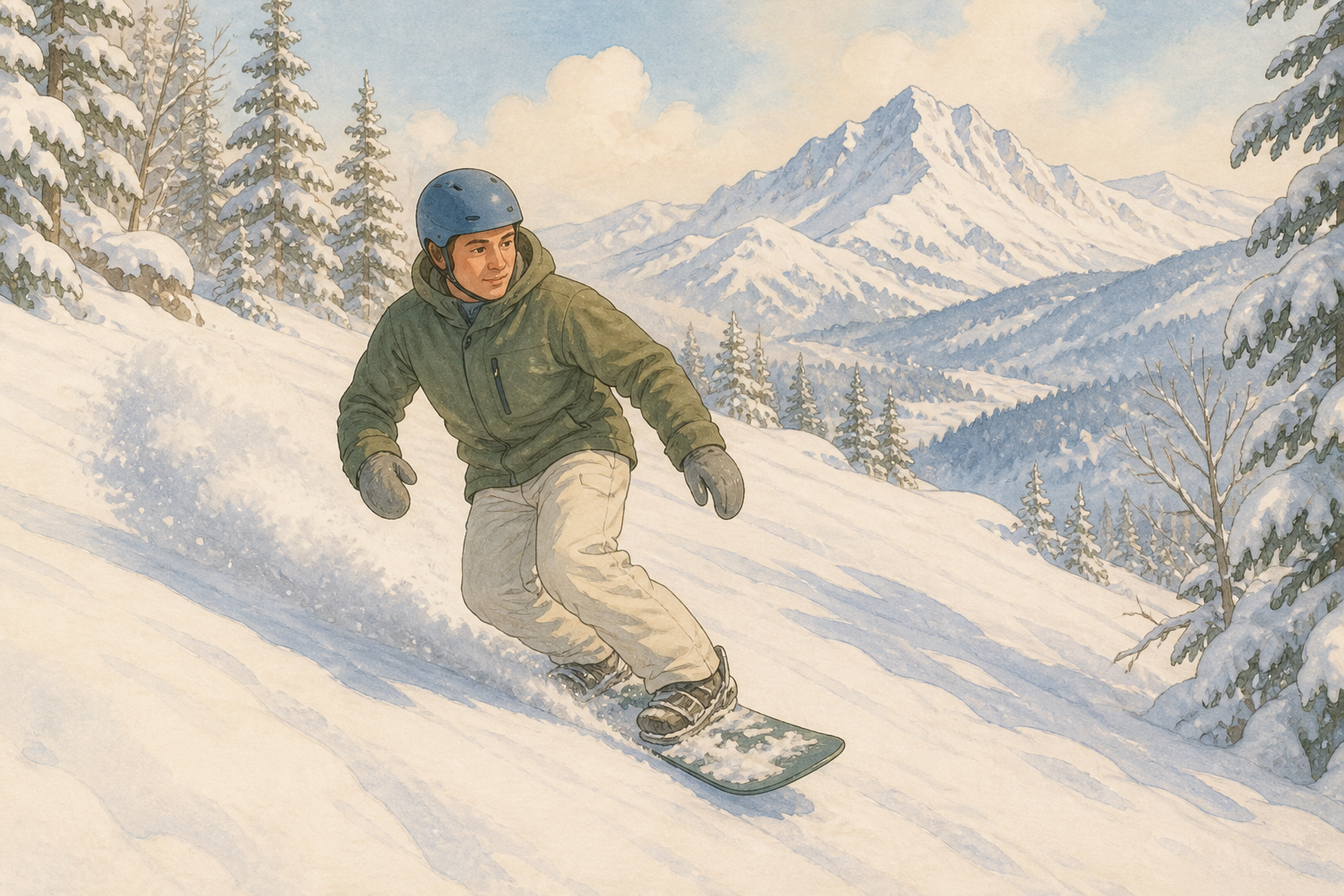 A snowboarder rides one board through light powder near snowy trees and a mountain.