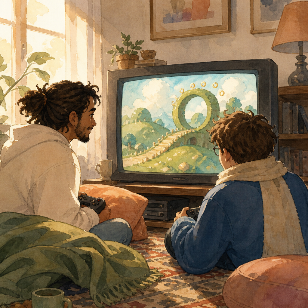 Two adult friends sit on a cozy rug with controllers, watching a warm TV that shows a soft watercolor green-hill path with a looping tunnel and tiny gold ring sparkles.