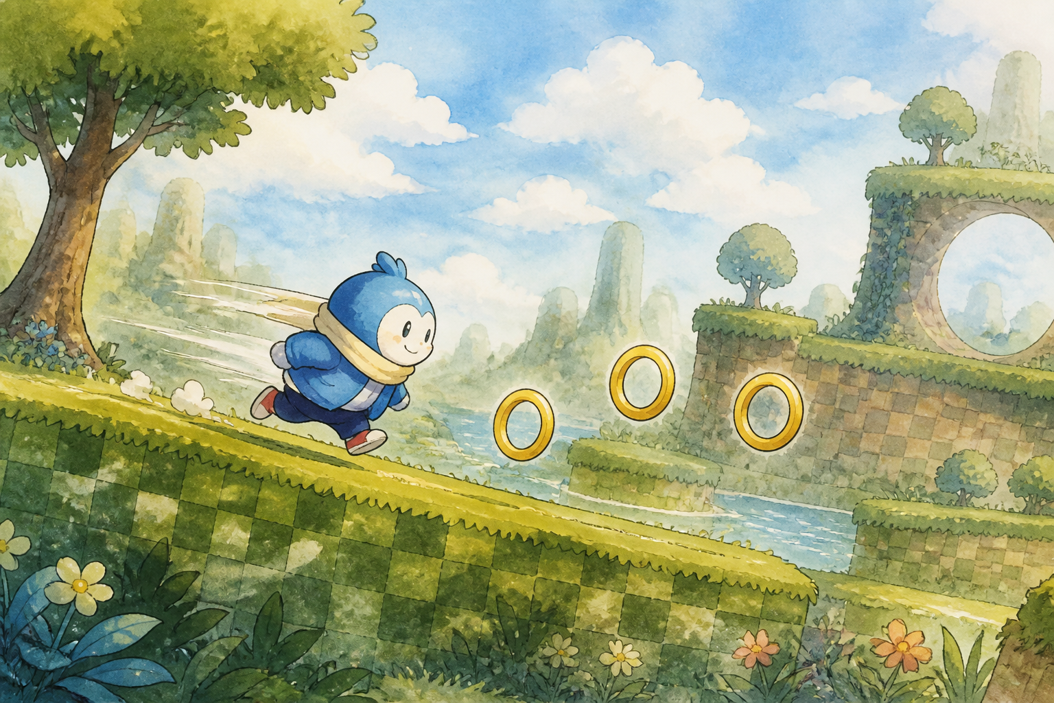 An original round blue-jacket runner with a cream scarf dashes along a soft green hill path past blank gold ring shapes, with a gentle looping tunnel in the distance.
