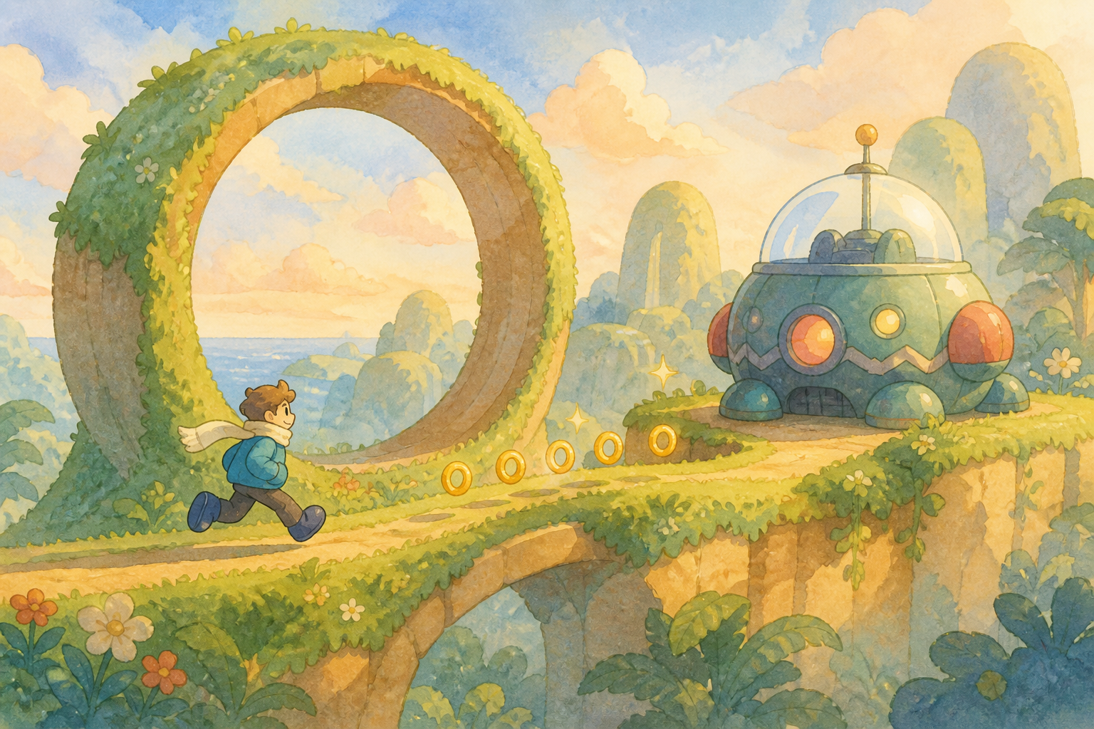 A storybook hill path with a looping tunnel, blank gold ring sparkles, and a round original teal boss machine under a soft dome at the end of the path.