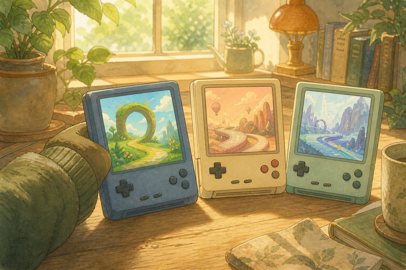 Three blank storybook game devices on a sunlit table; the first shows a familiar green-hill loop glow and the others show similar speed-path ideas in different soft colors.