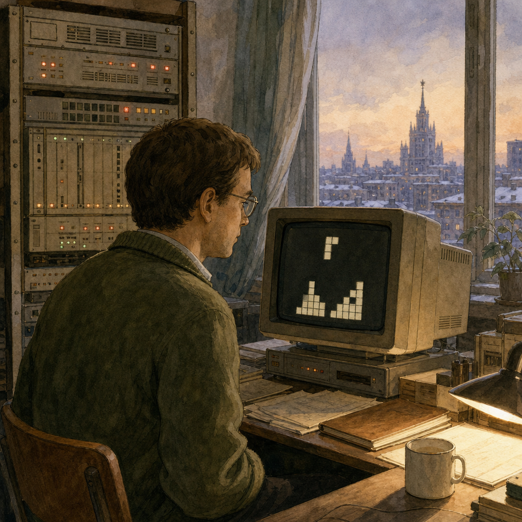 An engineer in a moss-green sweater works at a CRT in a snowy Moscow research office beside a tall rack computer, with abstract falling blocks on the screen.
