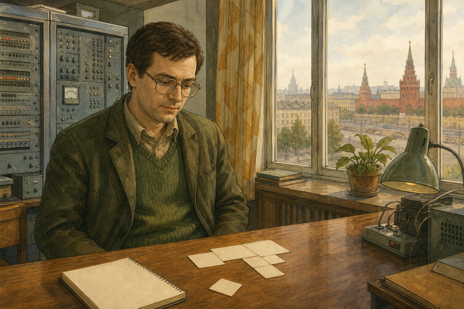 An engineer at a wooden desk in a Moscow research centre studies four blank paper squares arranged as a simple puzzle shape beside a notebook and rack computers.