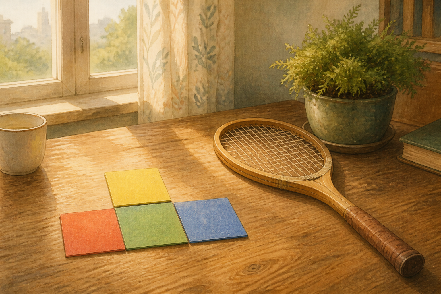On a sunlit wooden desk, four colored blank squares form a T-shape beside a plain wooden tennis racket, suggesting tetra and tennis.