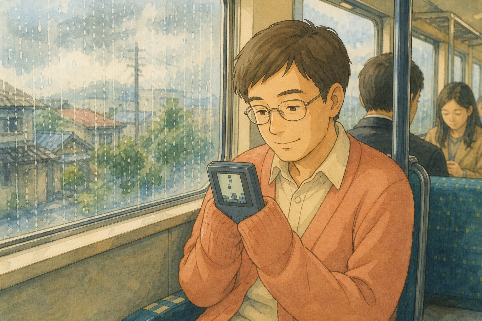A passenger in a peach cardigan plays an unmarked gray handheld console on a rainy train, with abstract falling blocks on the tiny screen.