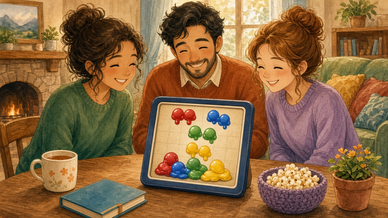 Three adults smile around a living-room table where a tablet shows a colorful falling-blob puzzle with original round blobs.