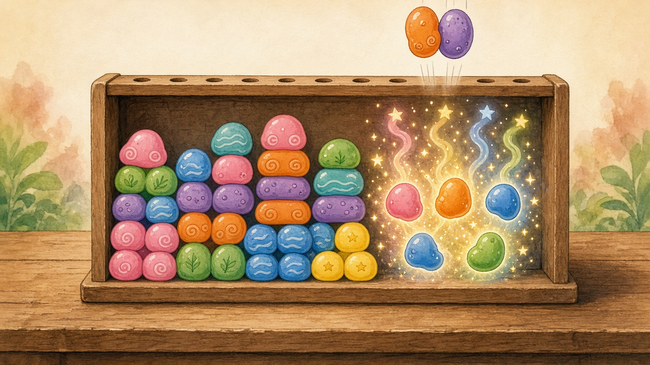 A wooden play frame on a table shows original colorful round blobs stacking and clearing in a bright chain reaction.