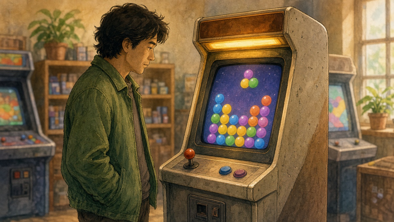 An adult in a green jacket plays a glowing arcade cabinet showing a colorful falling-blob puzzle in a warm 1990s game shop.