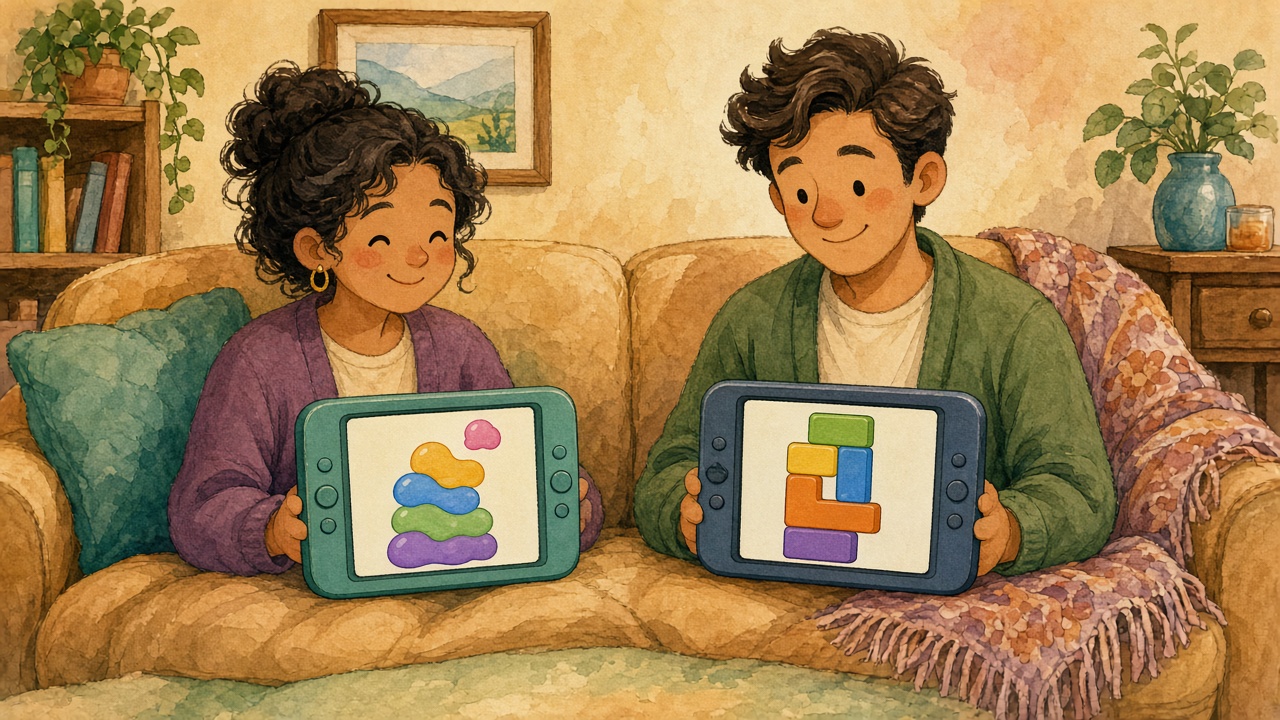 Two adults on a couch hold handheld screens: one shows stacking colorful blobs, the other shows interlocking block shapes.