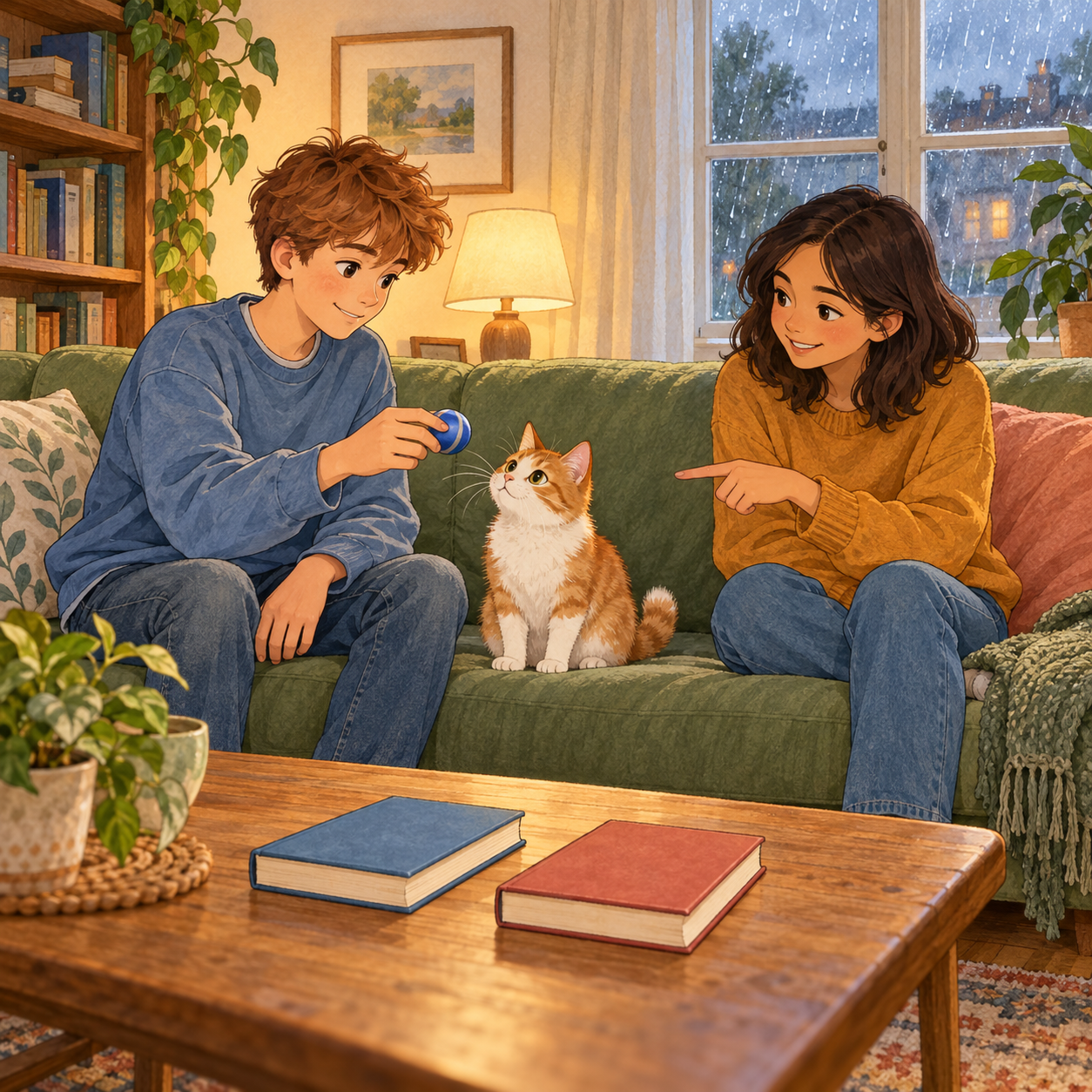 Two young friends sit on a green sofa with a ginger-and-white cat between them. One holds a blue ball for the cat. Two closed books lie on the table, and rain falls outside the window.