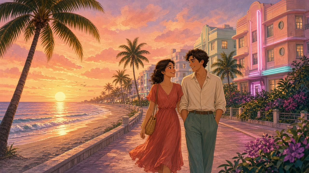 A young woman and a young man walk along a seaside path in a sunny city with pastel buildings and palm trees at sunset.