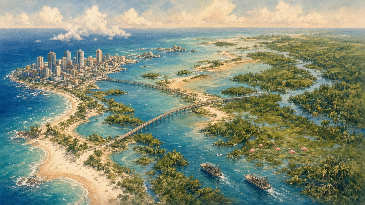 A wide view of a sunny made-up state with a city by the sea, long bridges, green swamps, pink flamingos and boats.