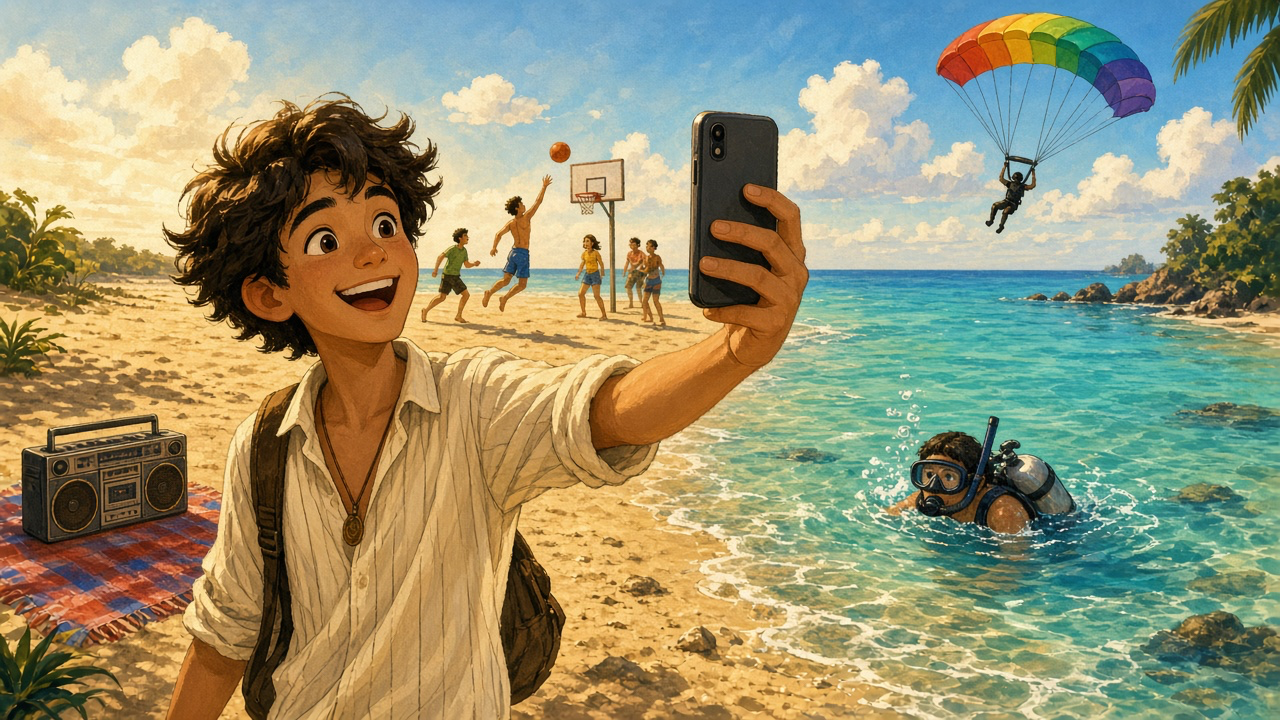 A happy young man takes a selfie on a beach while people play basketball, a diver swims and a skydiver flies in the sky.