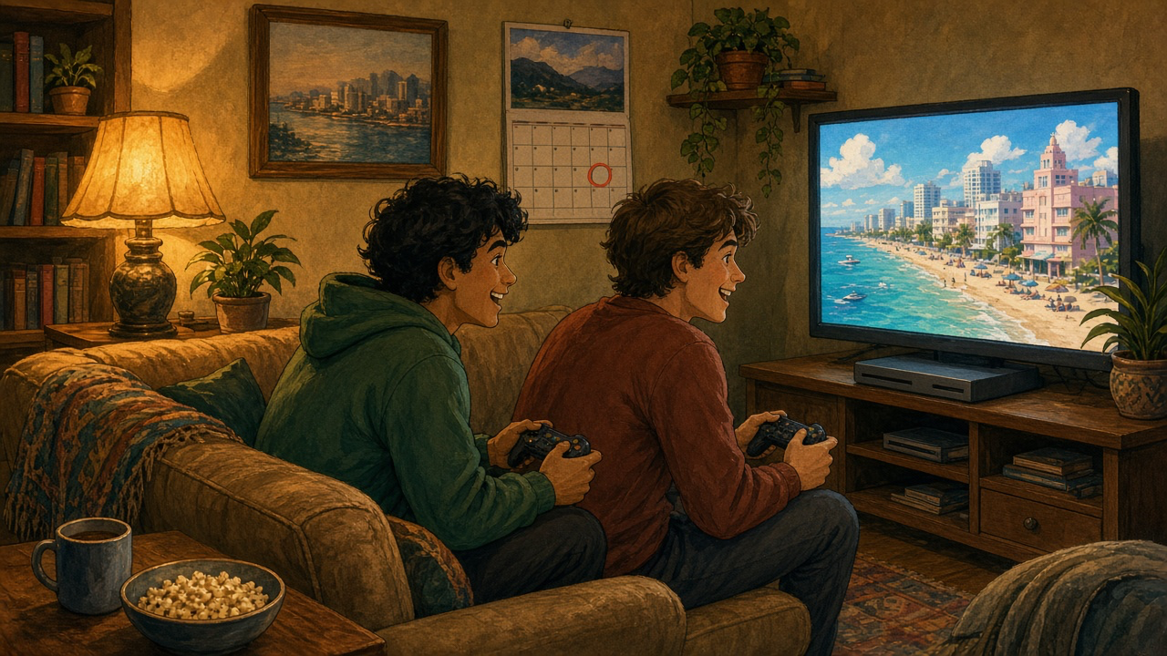 Two friends sit on a sofa with game controllers and look at a big TV showing a sunny beach city, with a calendar date circled on the wall.