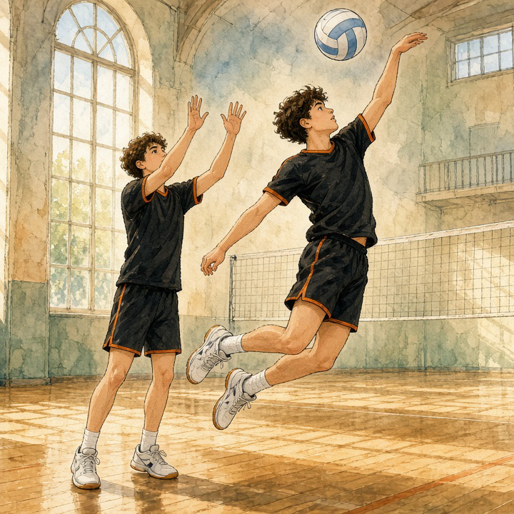 Two teenage volleyball players in black team shirts in a sunlit school gym: one has just set the ball with both hands up while his teammate jumps high toward it near the net.
