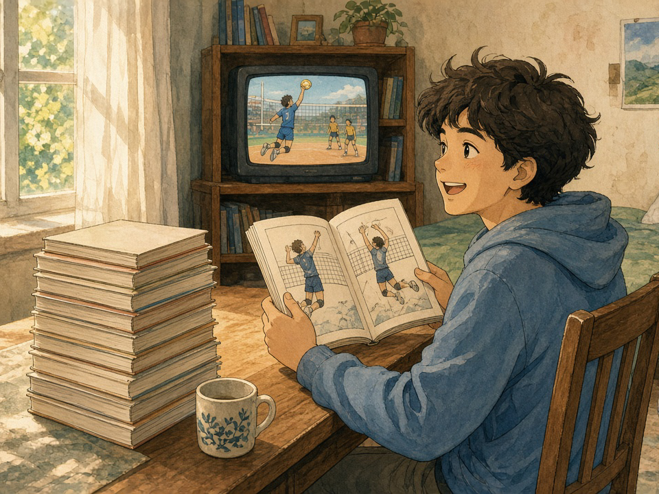 A happy teenager at a desk holds an open comic book with drawings of a volleyball player jumping, next to a tall stack of books, while a small TV shows an animated volleyball match.
