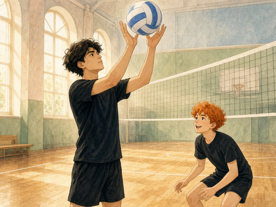 A tall dark-haired setter pushes a white-and-blue volleyball up with both hands while a short orange-haired teammate crouches nearby, smiling and ready to jump.