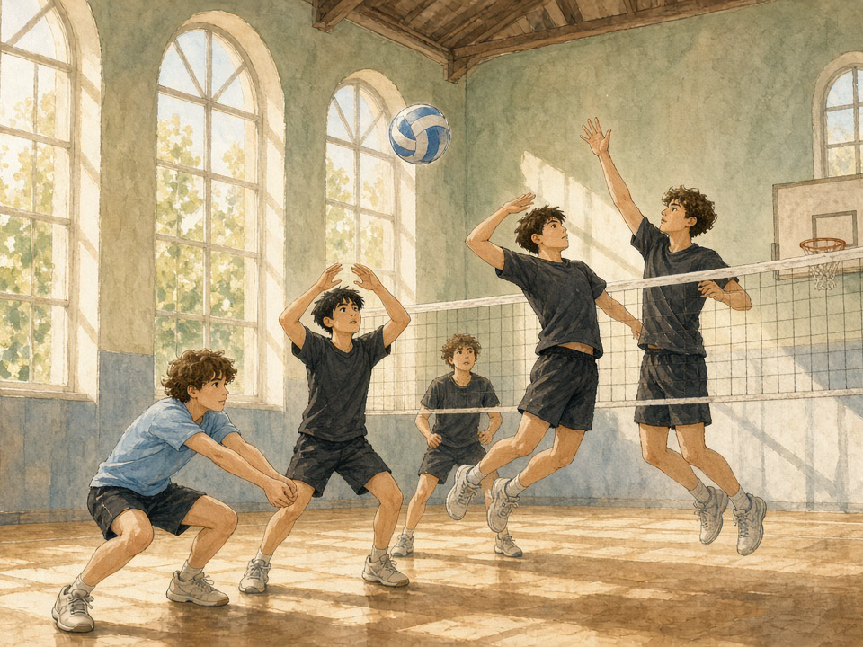 Five teammates in a sunlit gym each do a different job: a libero in a light blue shirt passes low, a setter raises his hands, and two players jump at the net as the ball flies above.