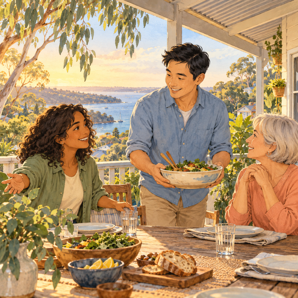 A man brings a bowl of salad to two smiling women at a veranda table overlooking a leafy Australian harbour neighbourhood.
