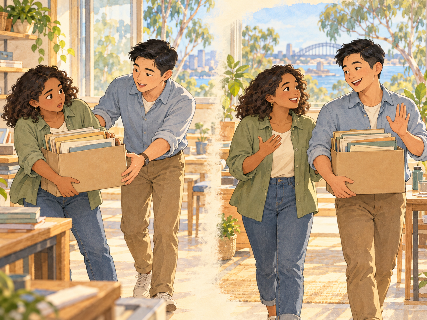 Two moments show a woman carrying a box of folders, then smiling with thanks as her work friend carries it and raises a reassuring hand.