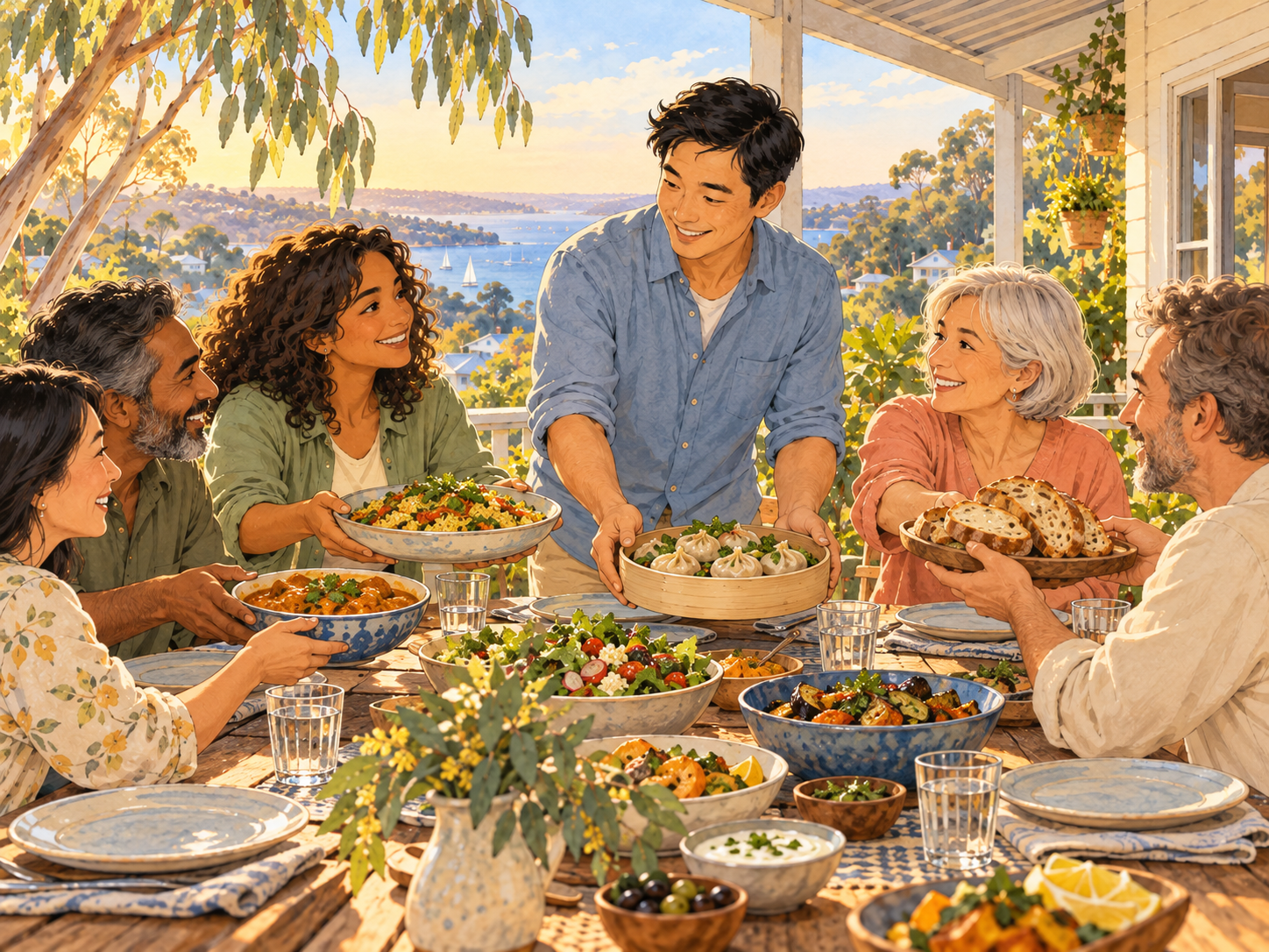 Six adults share dishes around a sunny veranda table, bringing rice, dumplings, curry, bread and salads into one meal.